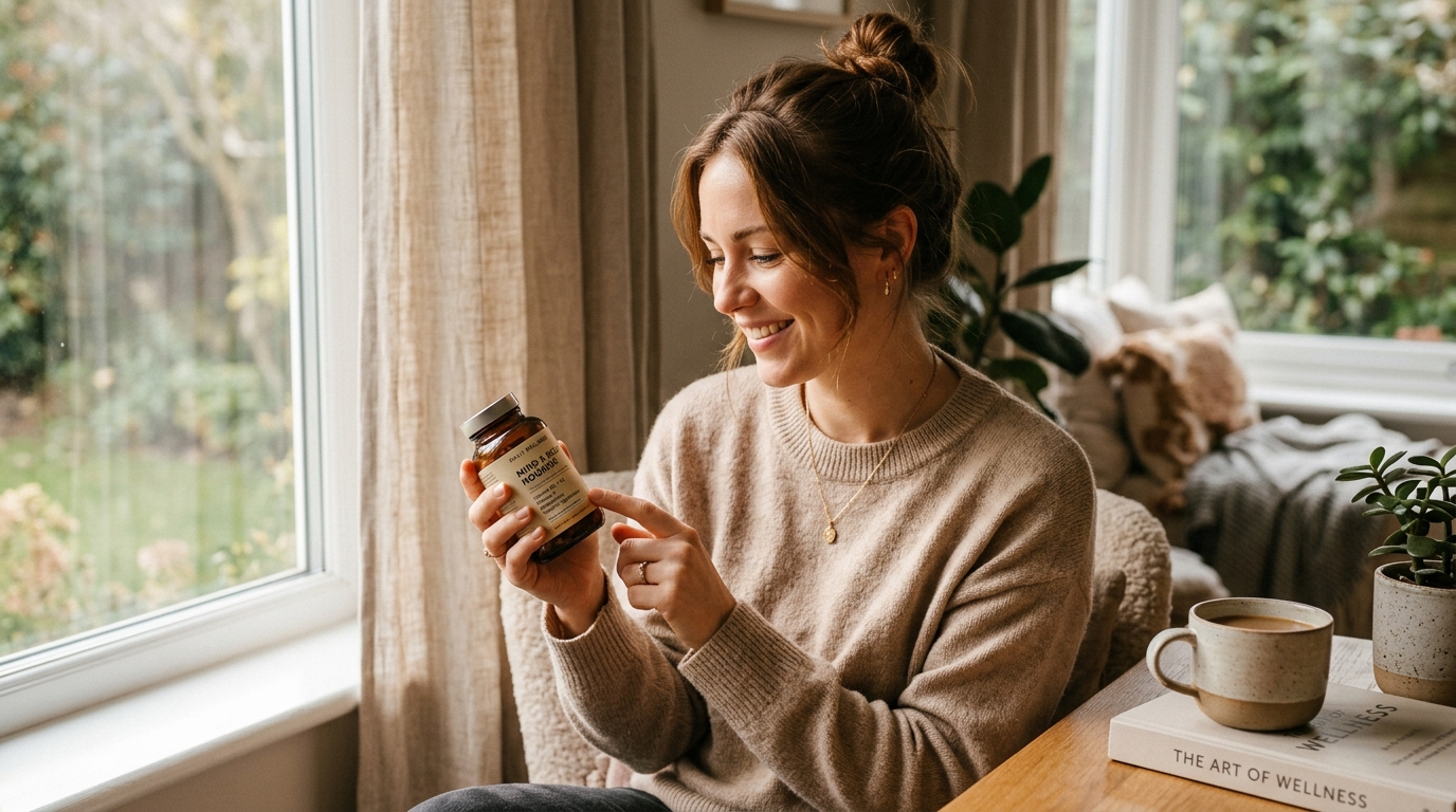 woman reading supplement label peaceful expression