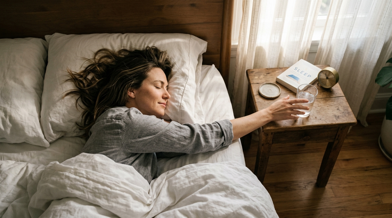 woman reaching for water while lying in bed