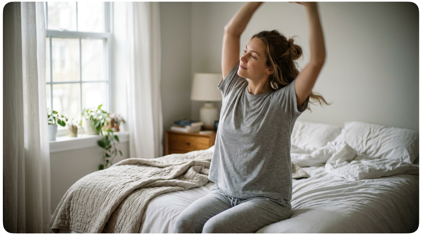 woman doing gentle stretches on bed