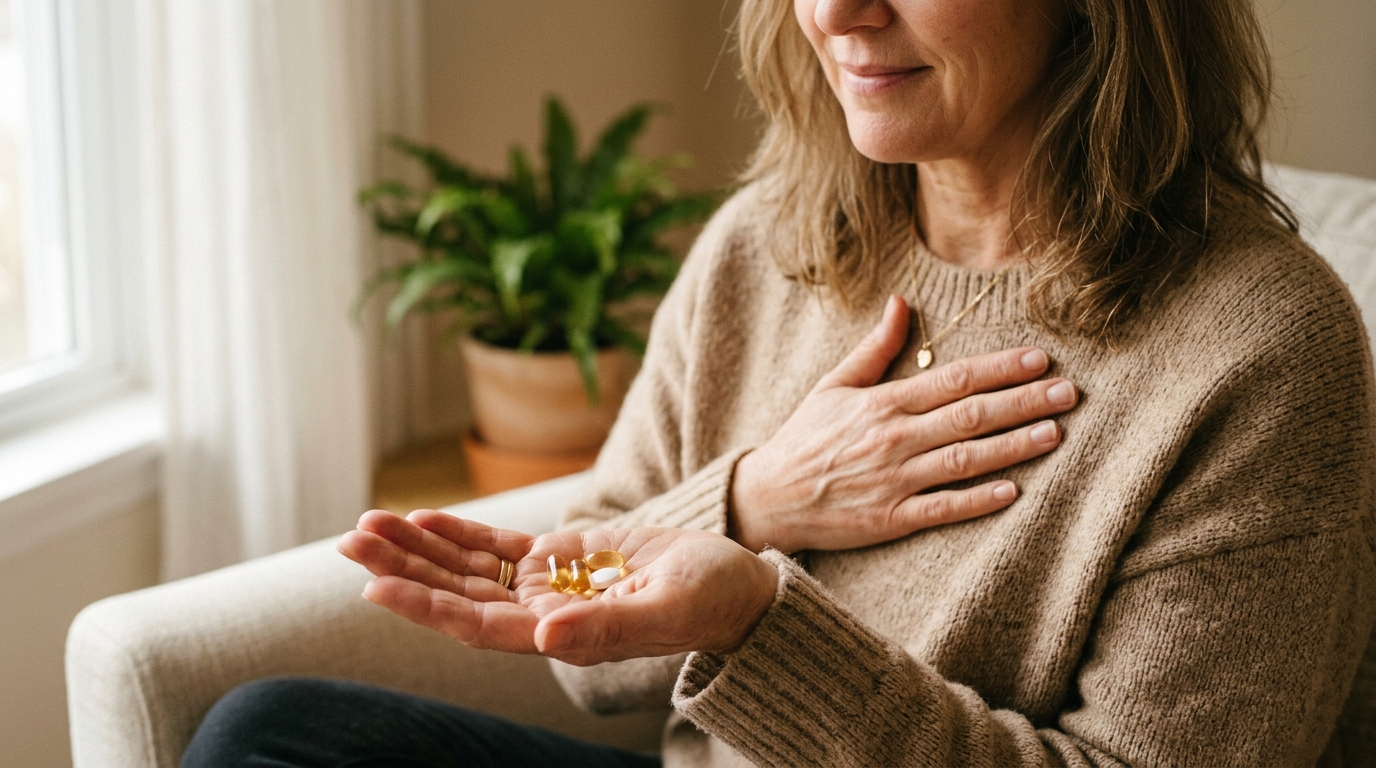 hands holding supplement capsules with intention