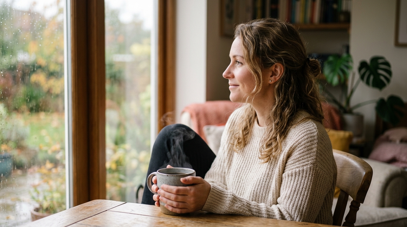 woman looking out window with morning coffee