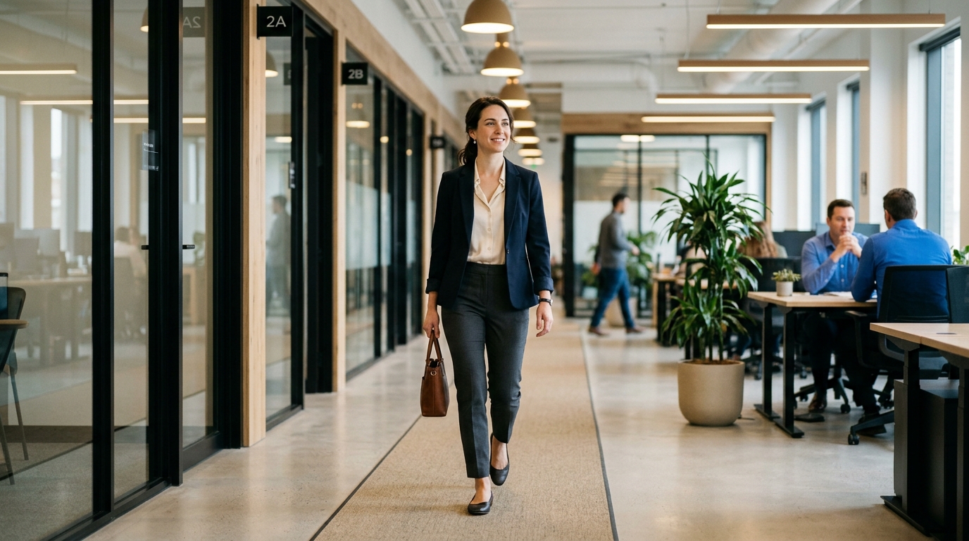 woman walking calmly through office space