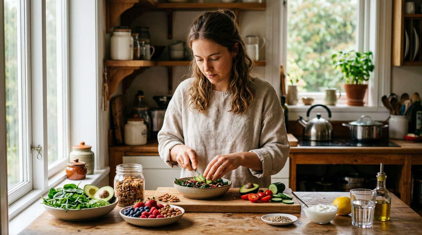 woman preparing healthy breakfast mindfully