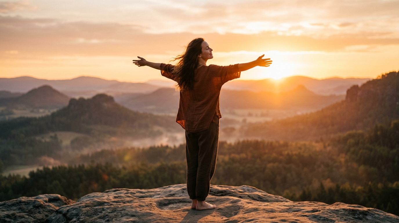 woman with open arms facing sunrise