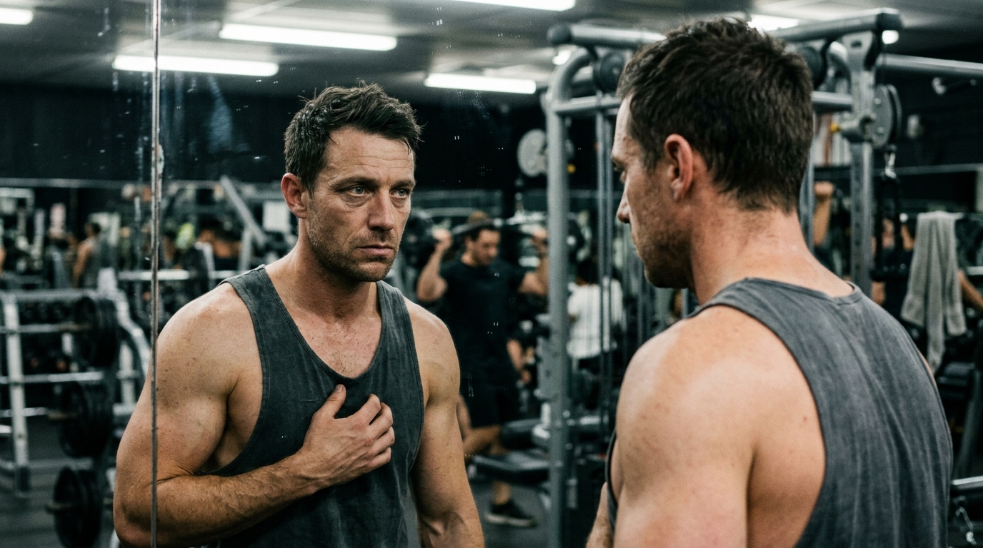 man examining reflection in gym mirror with realization