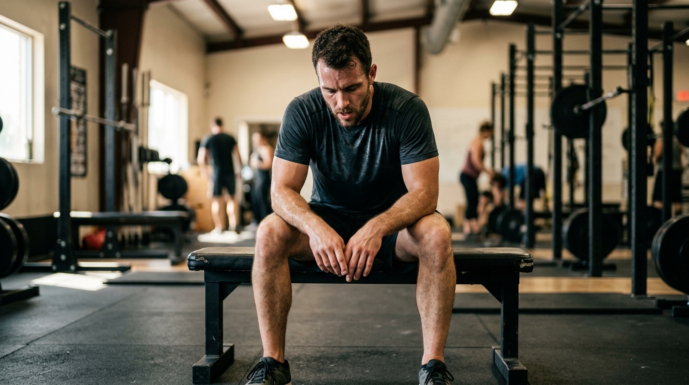 man having breakthrough realization during gym rest period