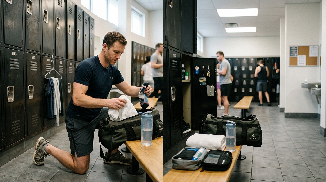 man preparing methodically for workout in locker room