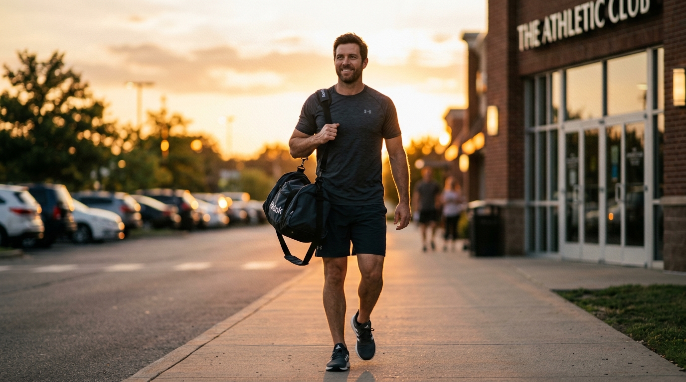 confident man leaving gym at sunset after successful workout