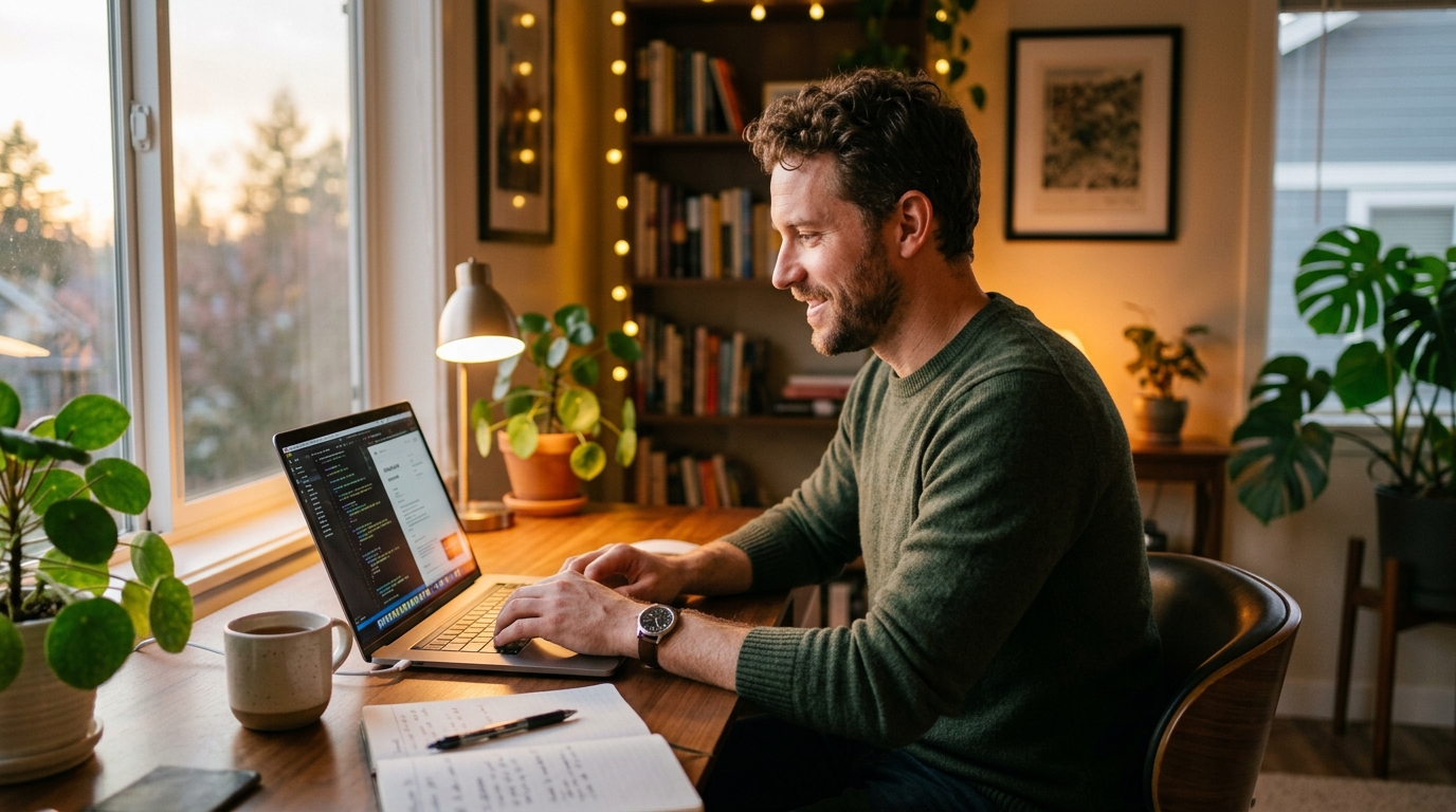 man working productively in evening with sustained energy