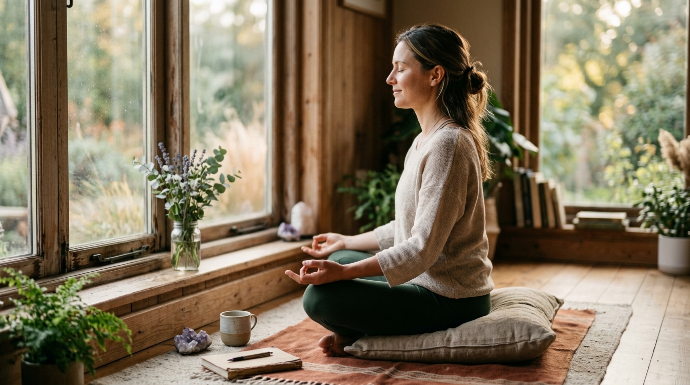 woman meditation window afternoon light peaceful authentic