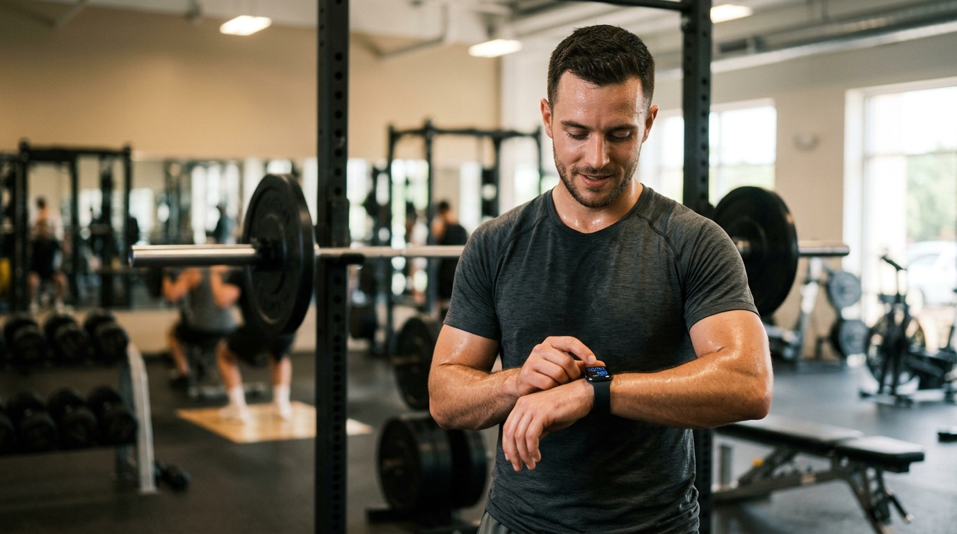 Athletic man checking recovery data on smartwatch after workout