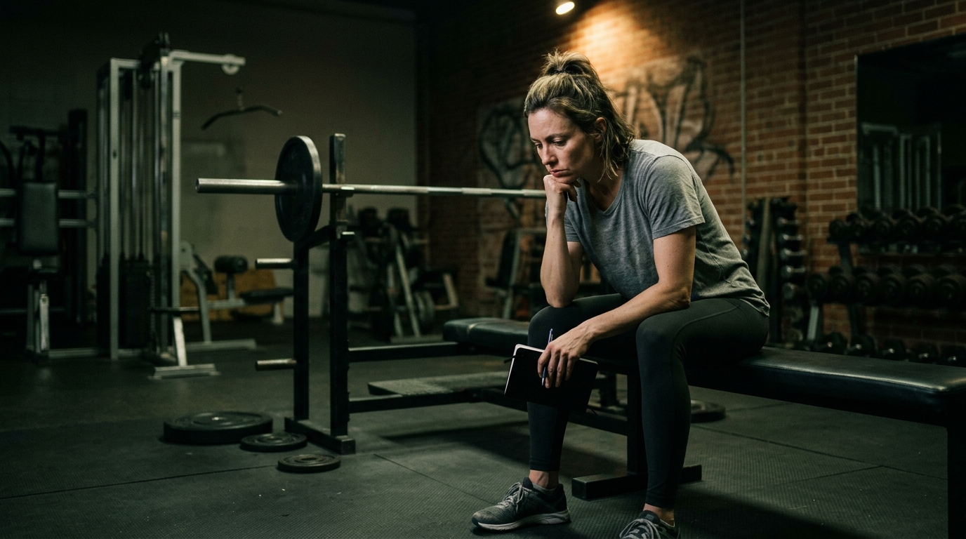 Woman sitting thoughtfully on bench between workout sets