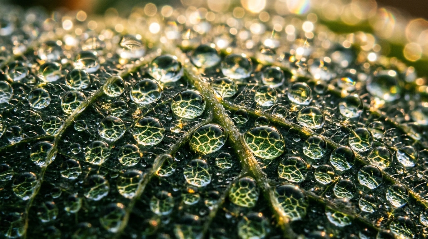 Macro photography of morning dew on plant leaves