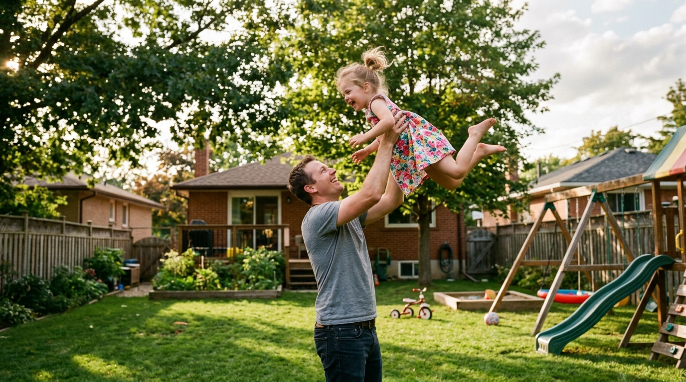 Father lifting child playfully in backyard setting