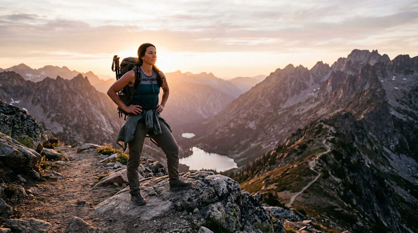 Confident woman on mountain trail with expansive view