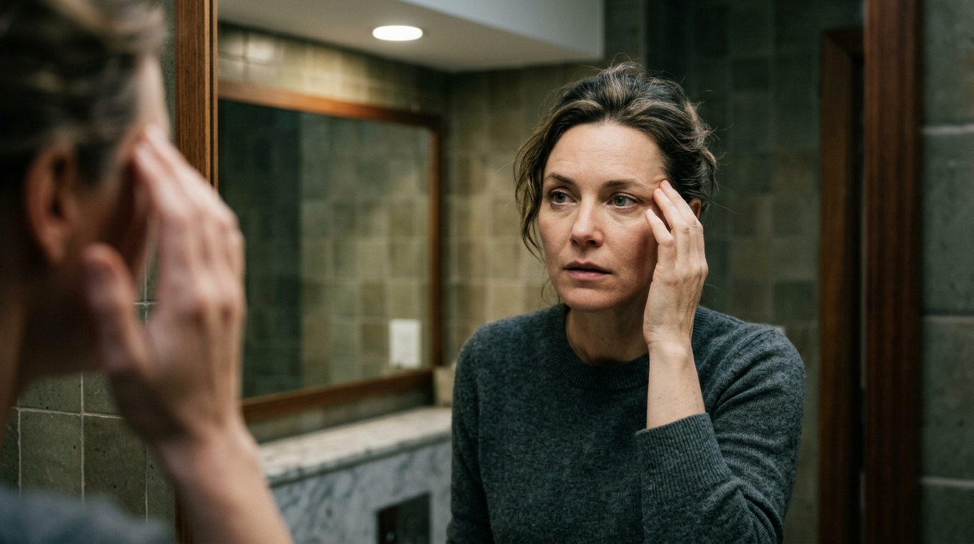 Woman looking at herself uncertainly in bathroom mirror