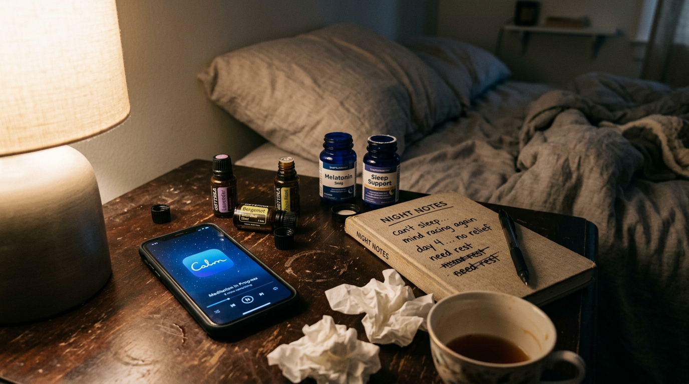 Nightstand cluttered with abandoned wellness remedies
