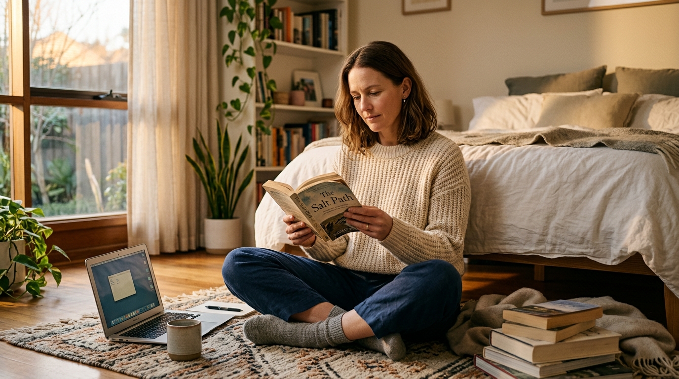 Woman researching health solutions on laptop at dawn