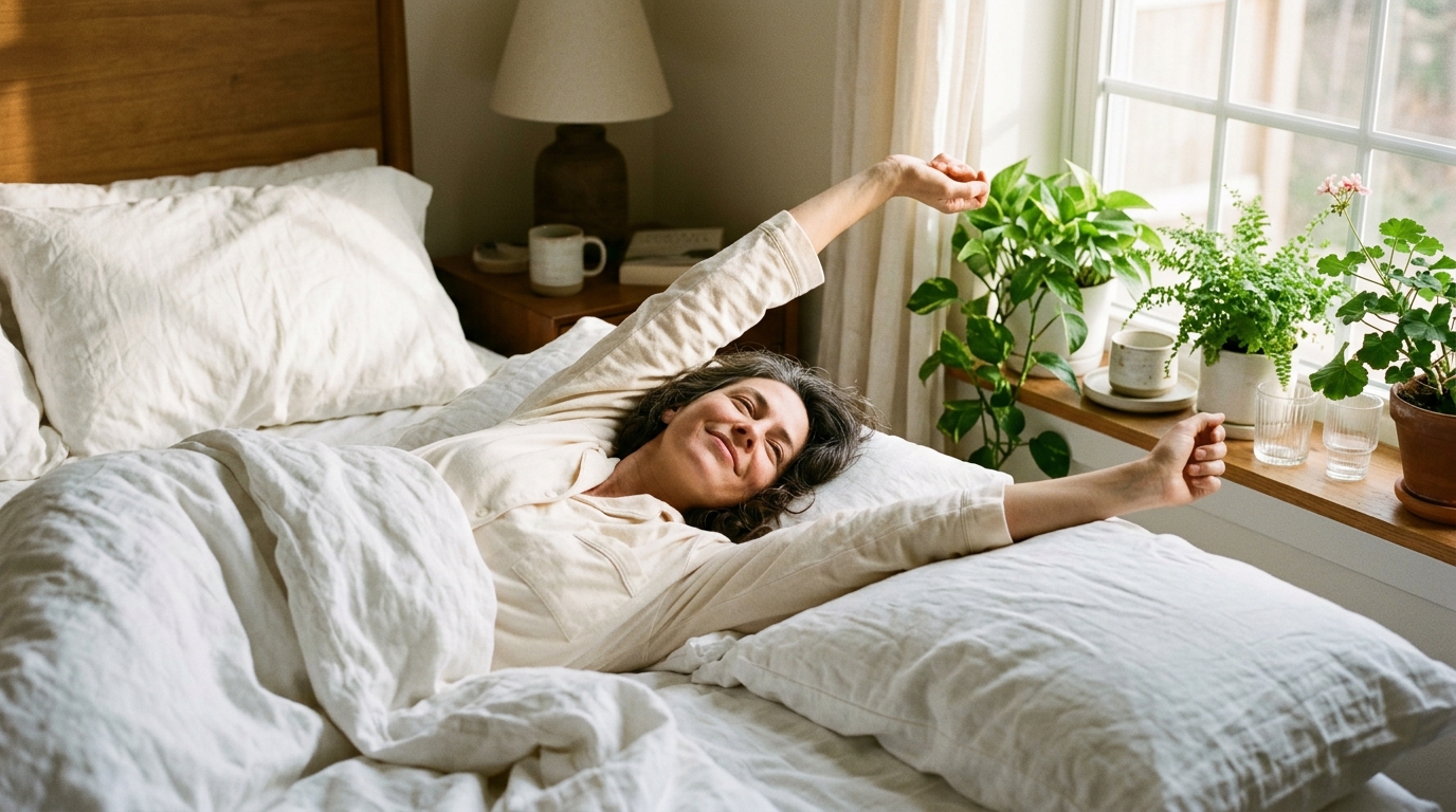 Woman waking peacefully in sunlit bedroom