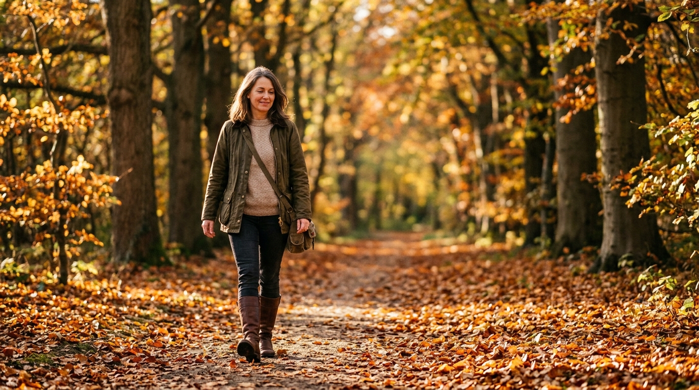 Woman walking confidently on tree lined autumn path