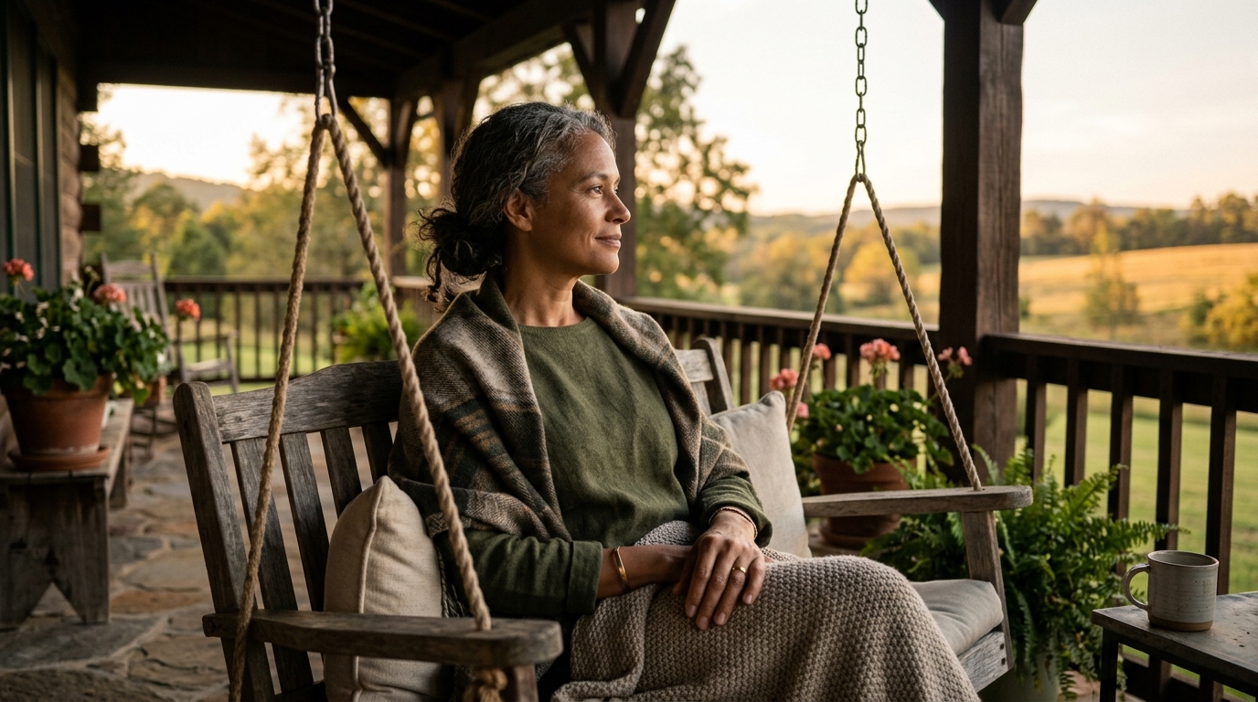 Woman sitting peacefully on porch swing at sunset