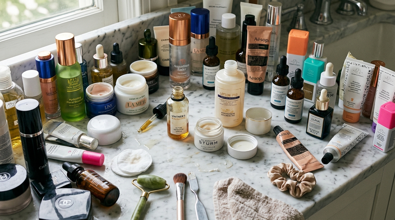 cluttered bathroom counter with expensive skincare products