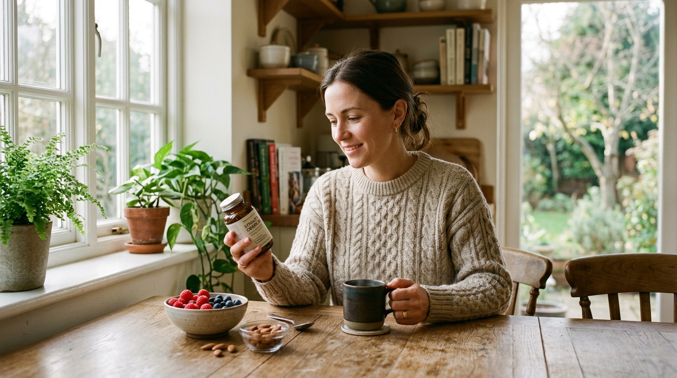 woman researching supplements with natural ingredients at kitchen table