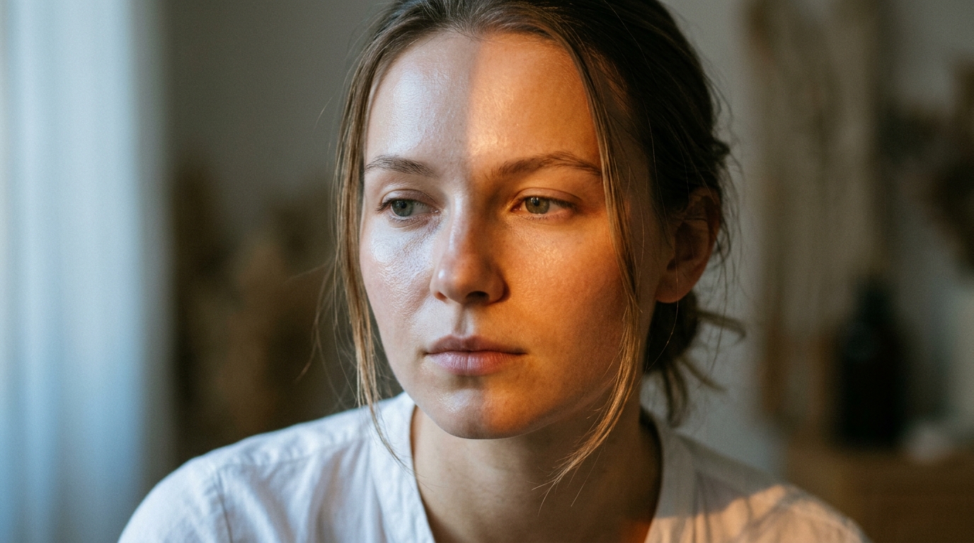 woman face in split lighting showing skin radiance