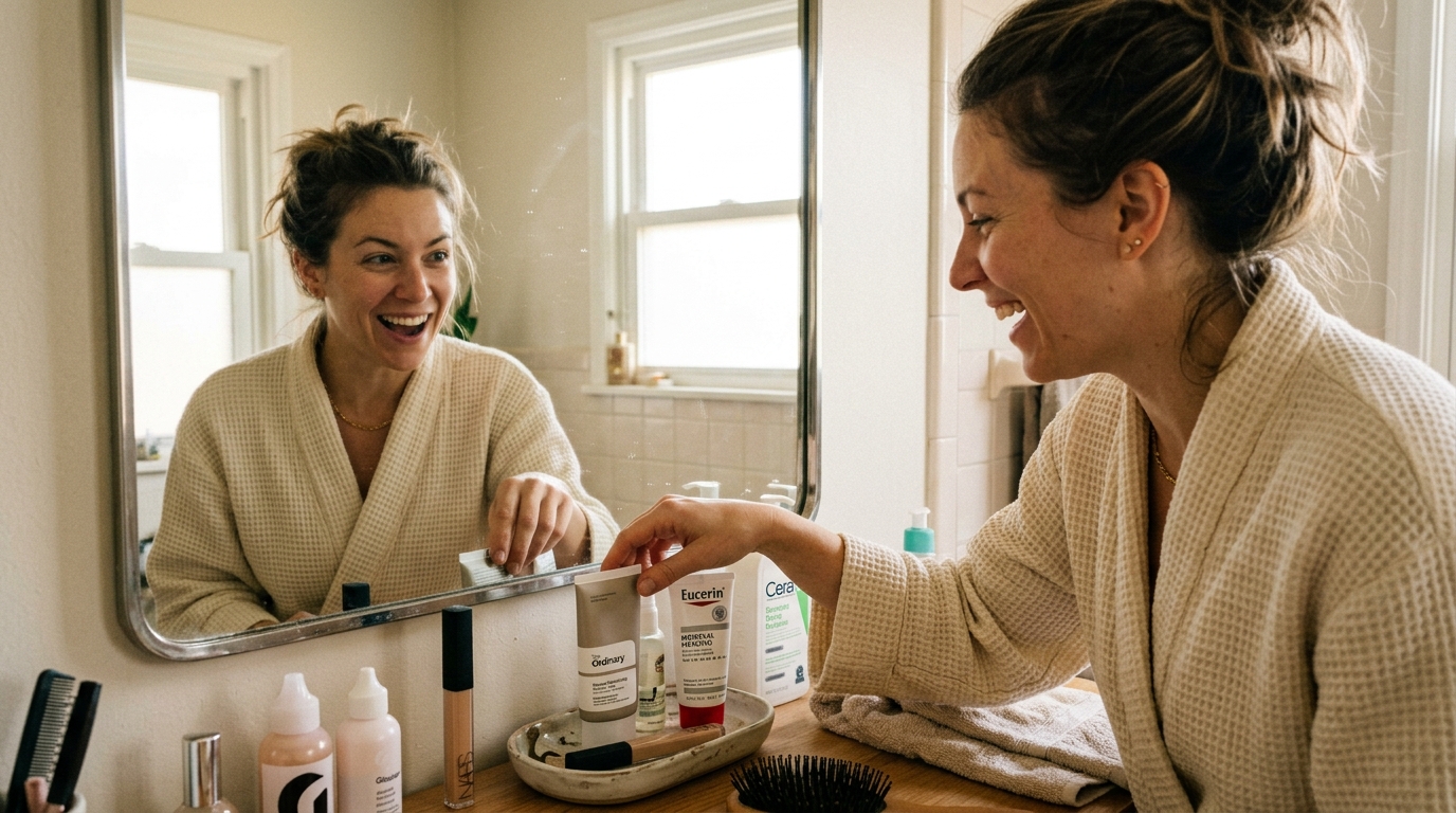 woman smiling at reflection bypassing concealer for natural look