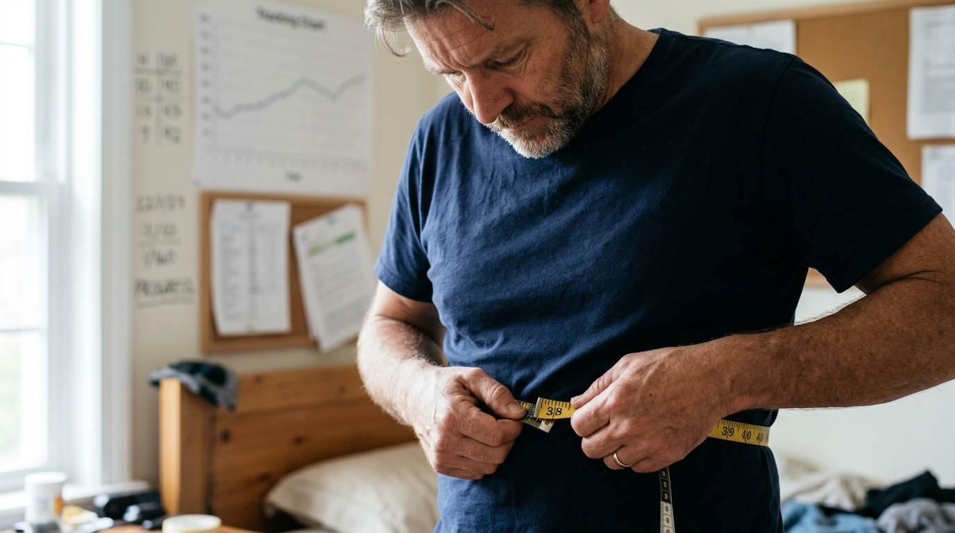 Man measuring waist recognizing metabolic changes