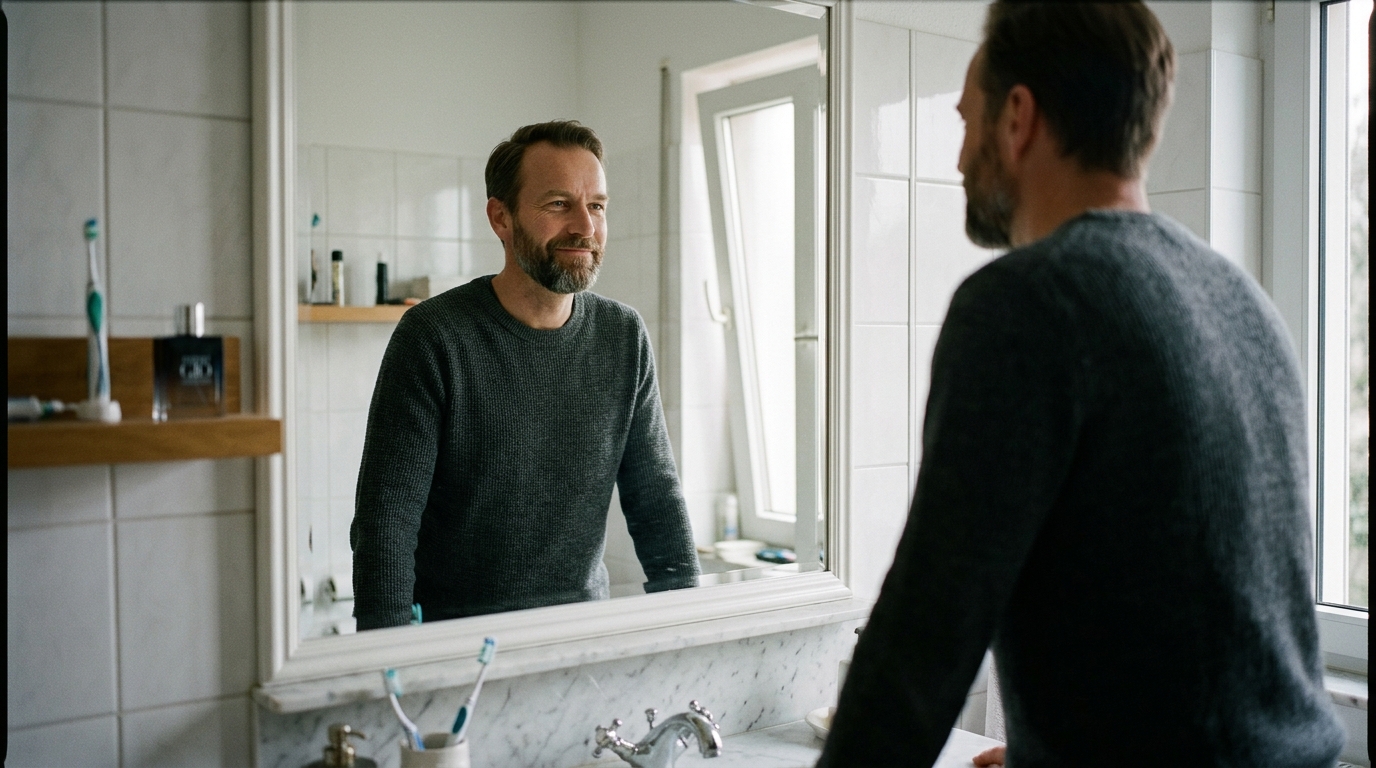 Man viewing himself with quiet confidence