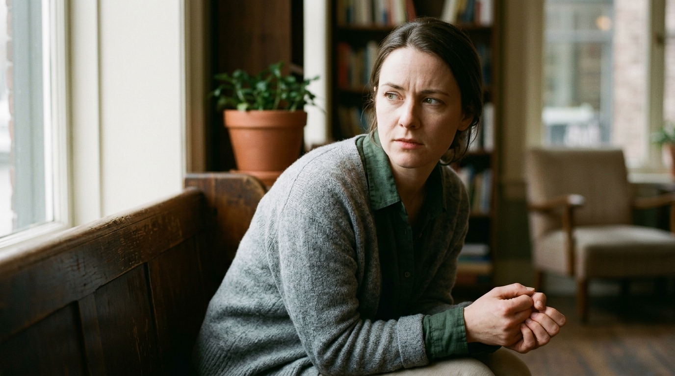 Woman cautiously experiencing moments of stillness and calm