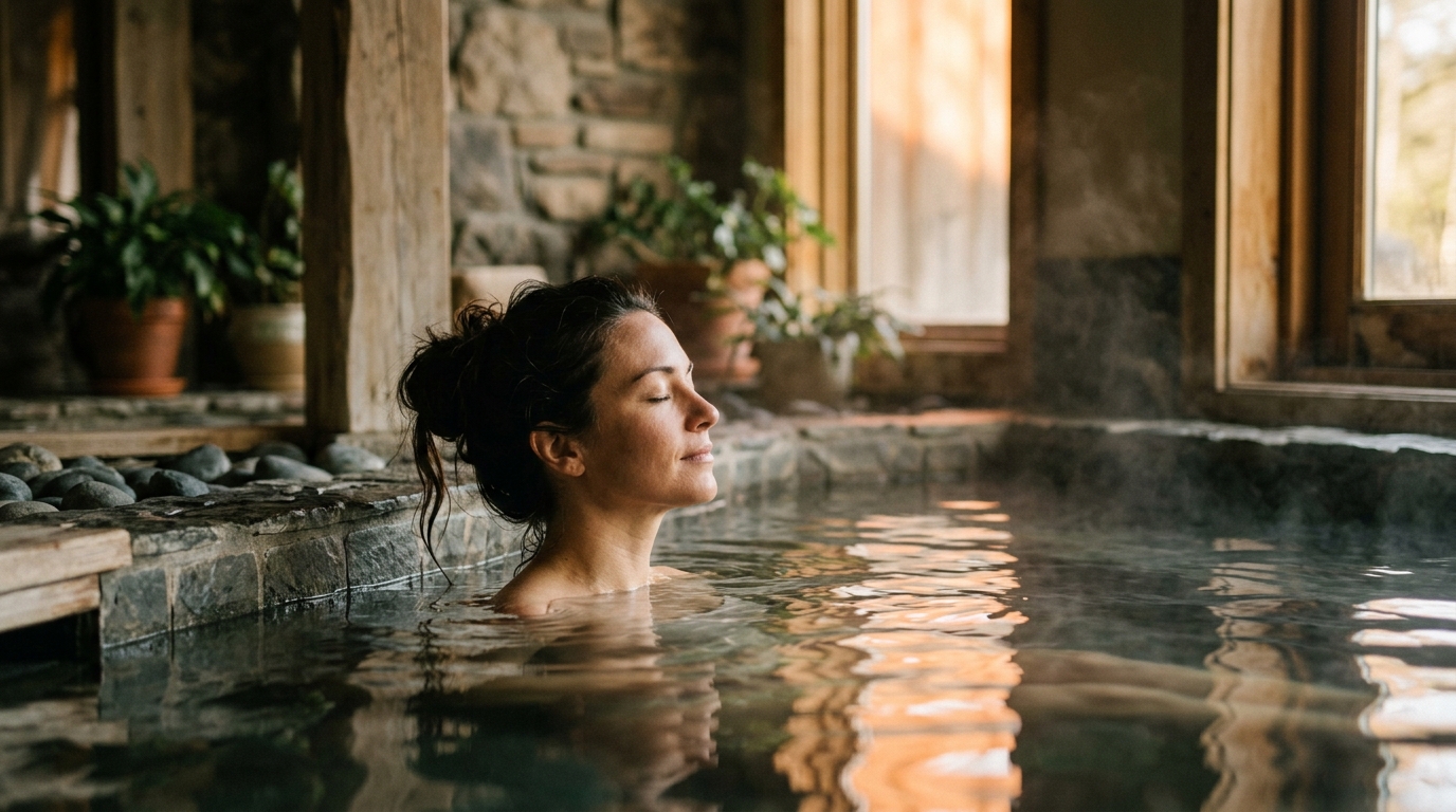 Woman completely relaxed in warm healing bath