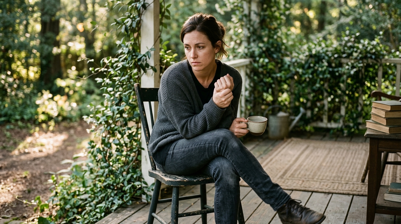 woman struggling to find calm despite peaceful setting