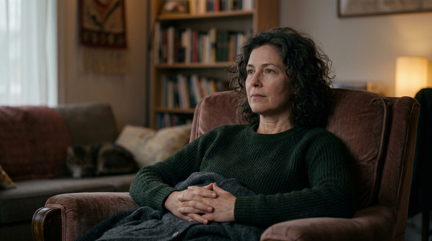 woman in complete stillness watching movie peacefully