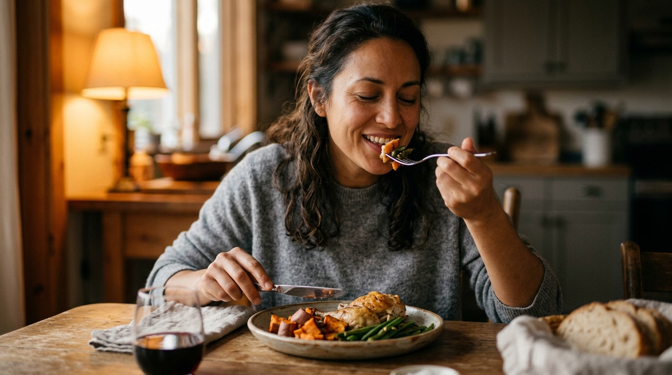 woman enjoying simple meal with full presence