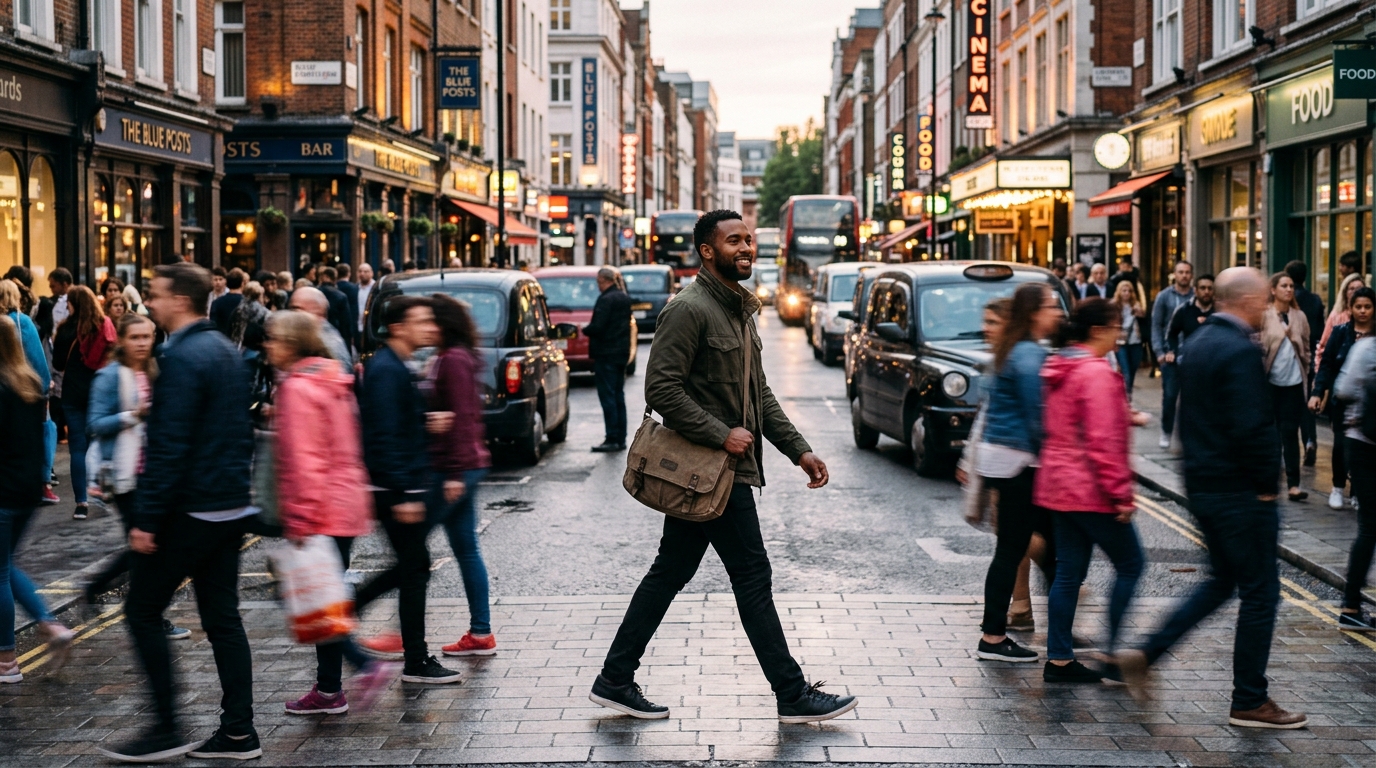 man walking calmly through busy city street