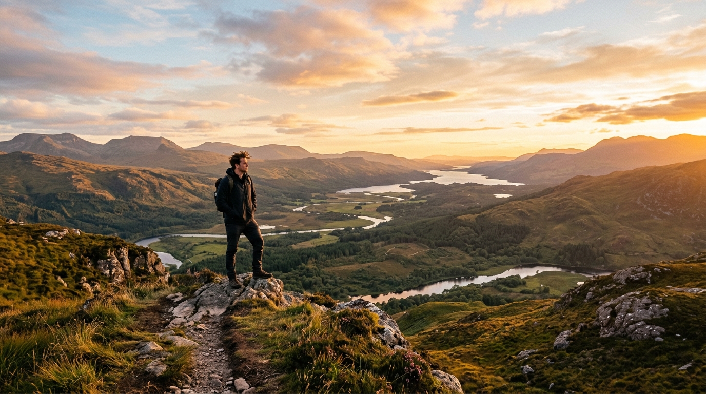 man overlooking expansive landscape sunset long view