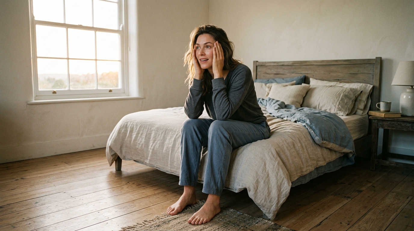 Woman waking up with mental clarity morning light