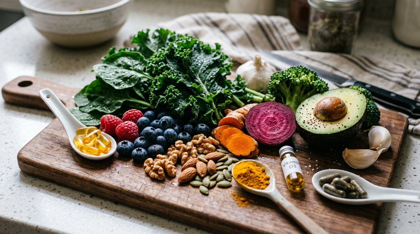 Brain healthy foods and supplements on cutting board