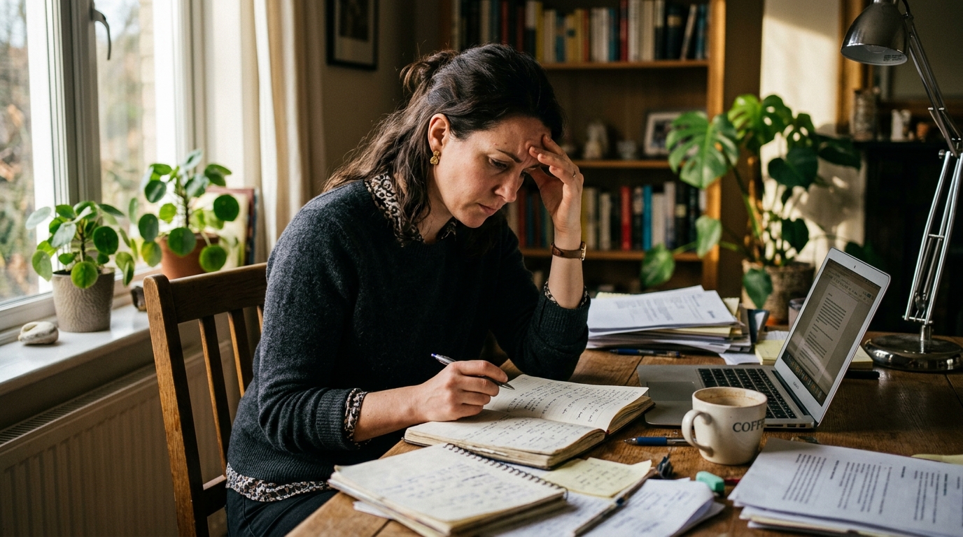 Woman struggling with mental fog at cluttered desk