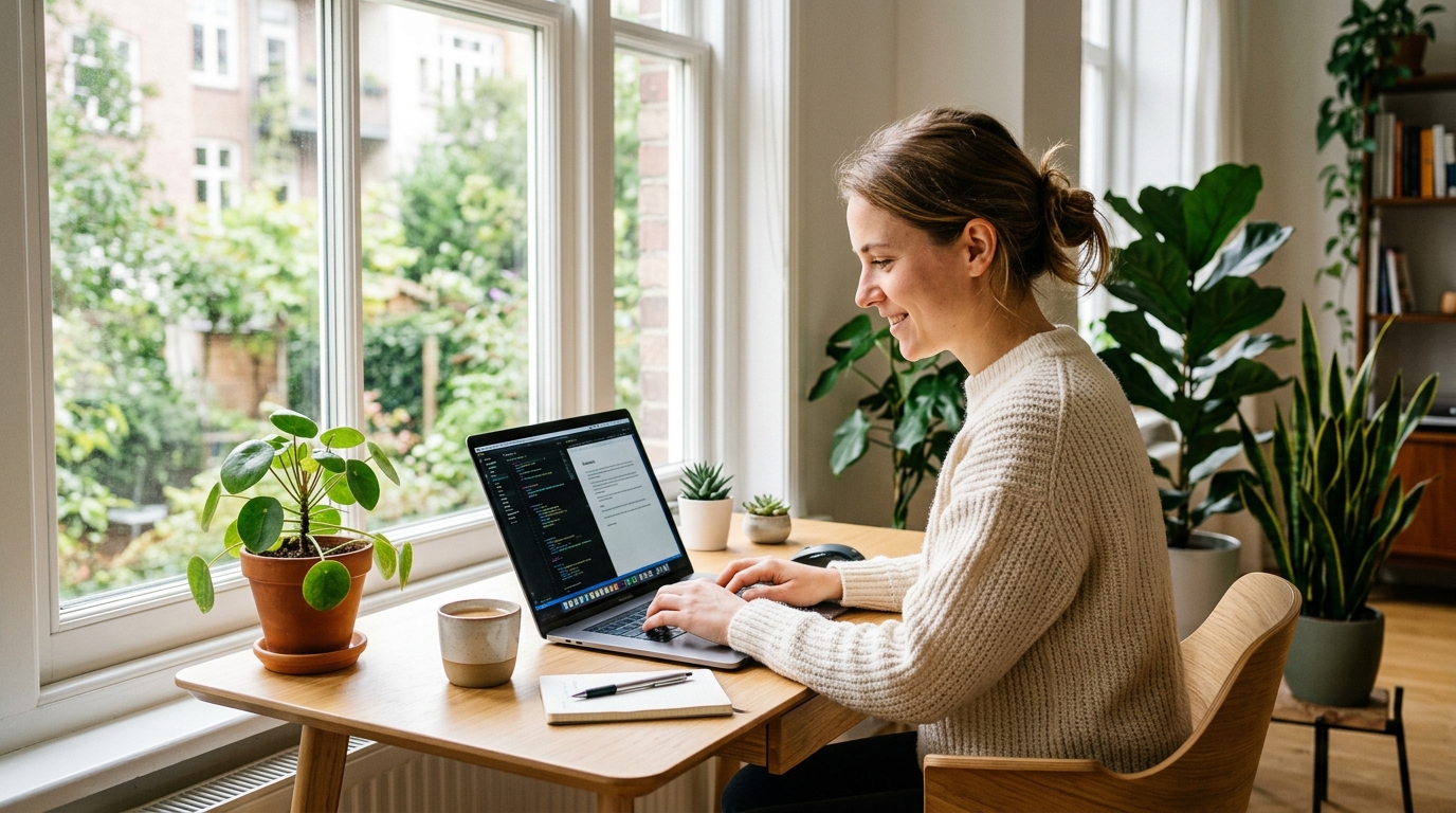 Woman working with focused clarity at organized desk
