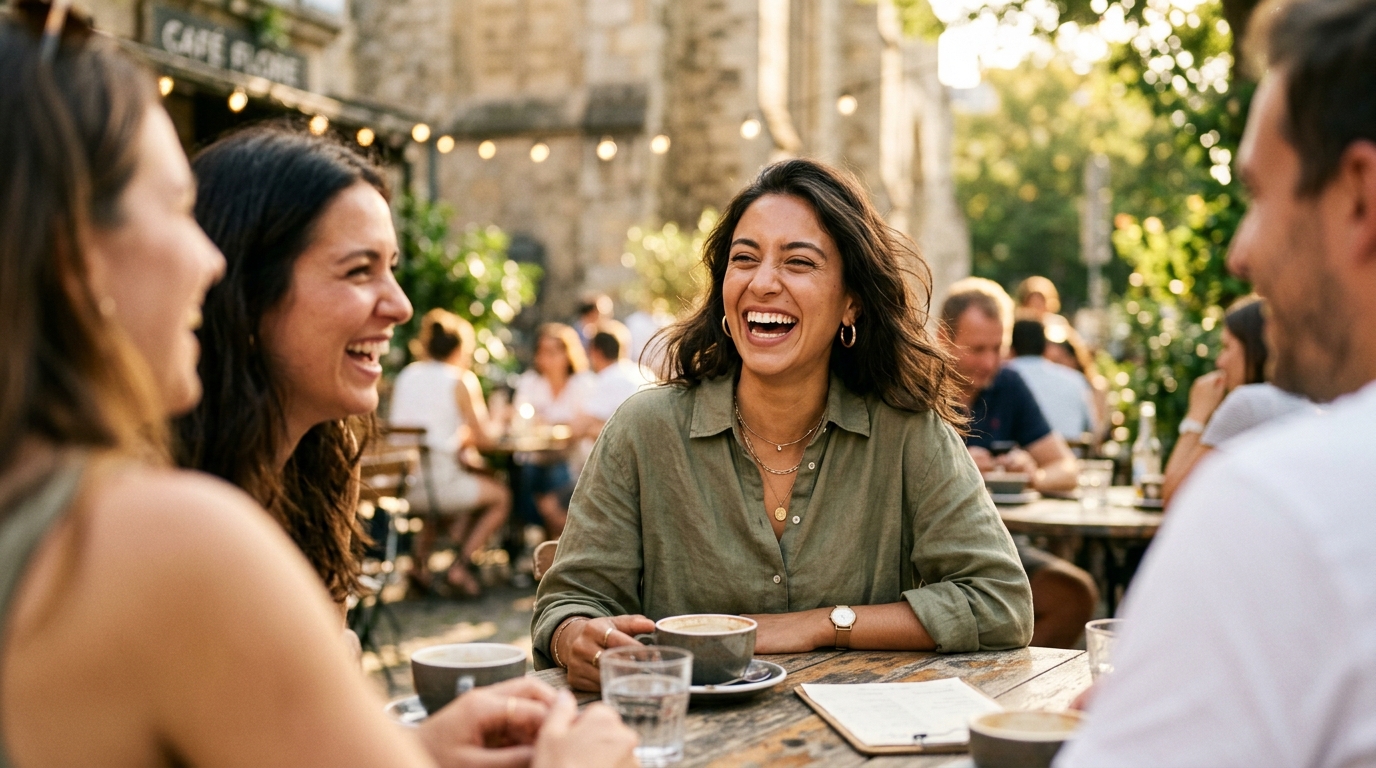 Woman laughing with friends at outdoor cafe