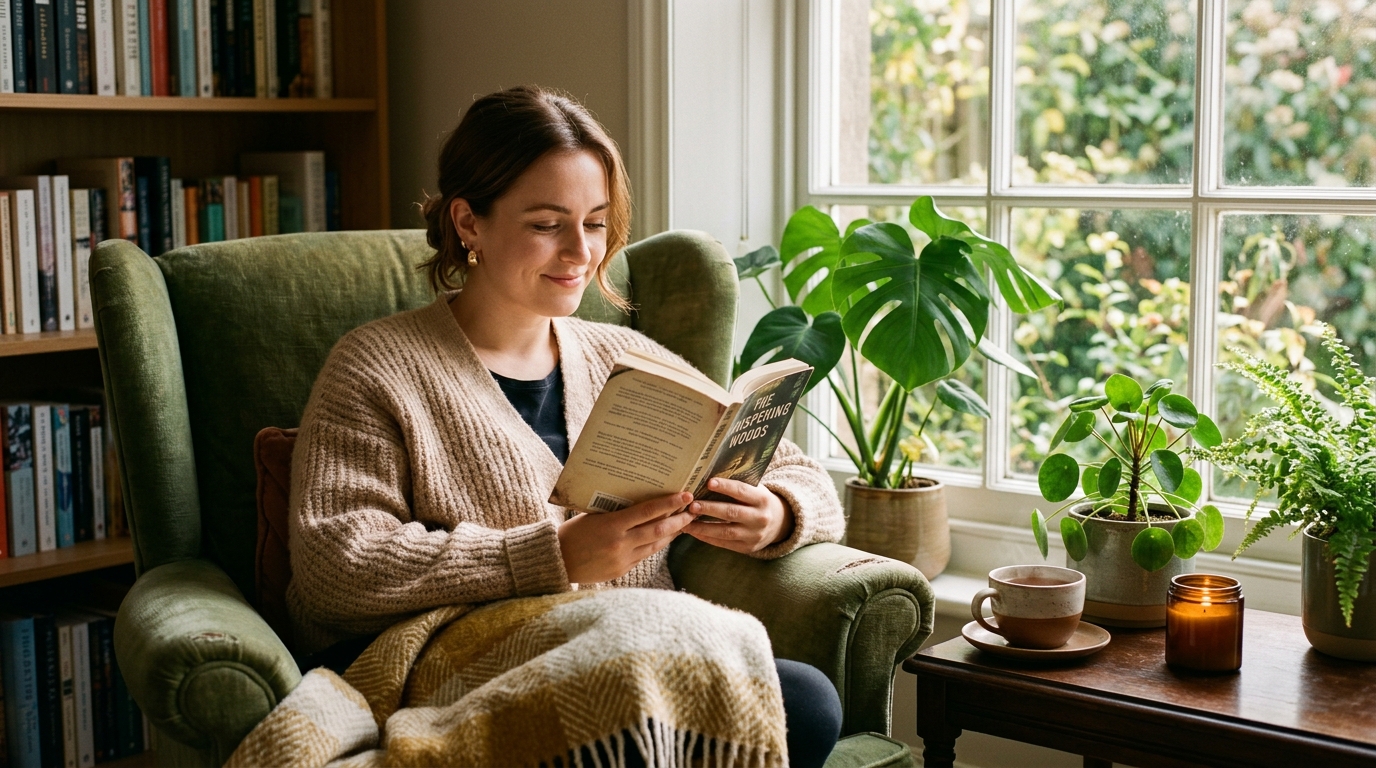 Woman reading peacefully in sunlit armchair