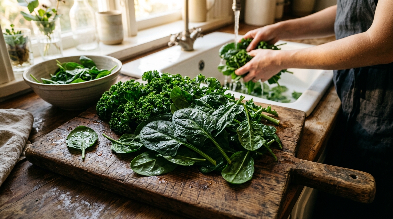 fresh dark leafy greens preparation morning routine
