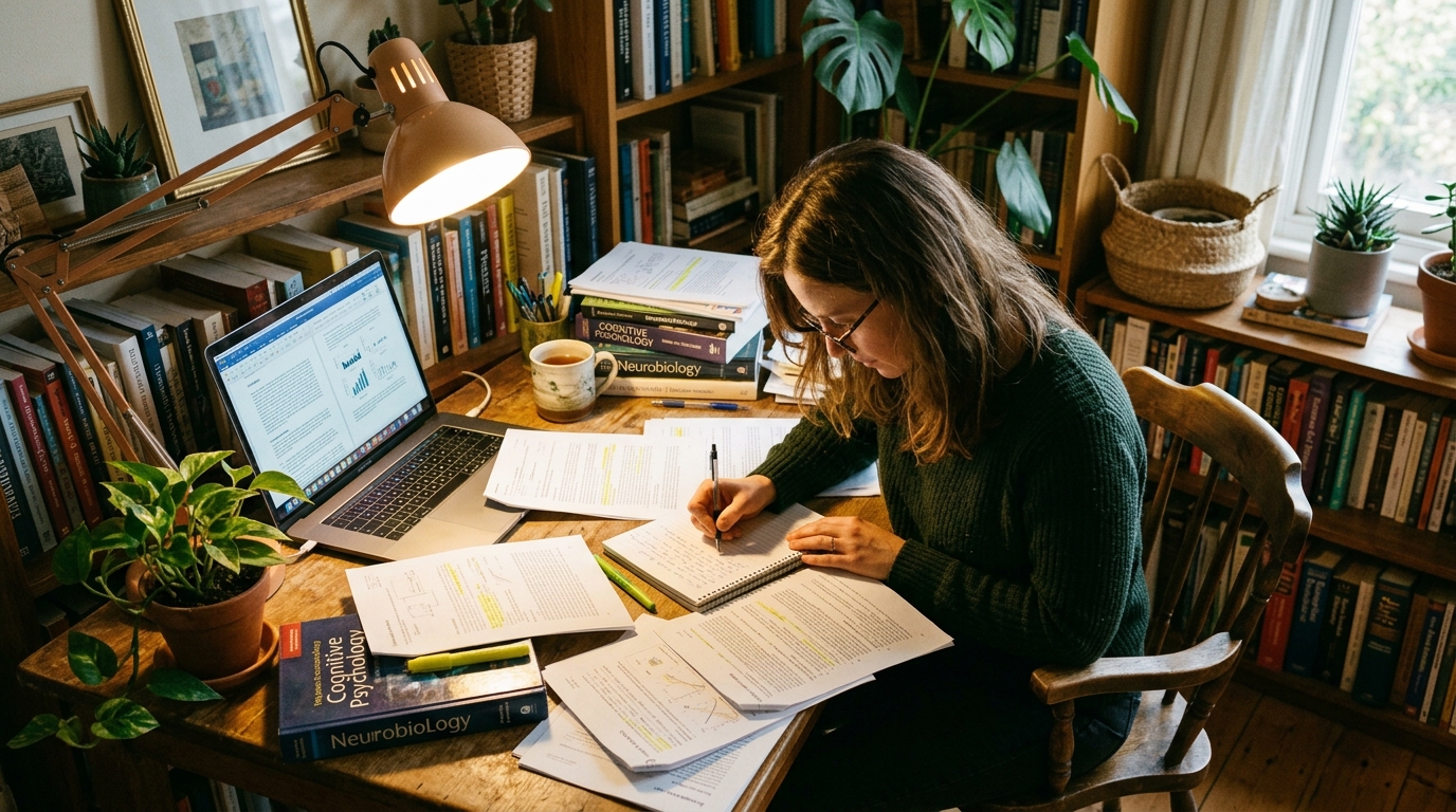 woman researching cellular health at desk with papers