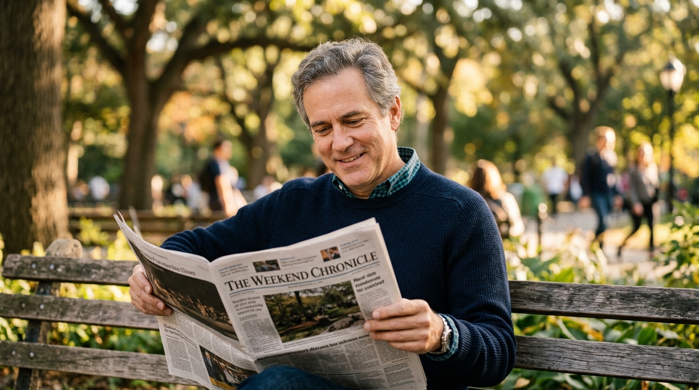 man reading newspaper comfortably in natural sunlight