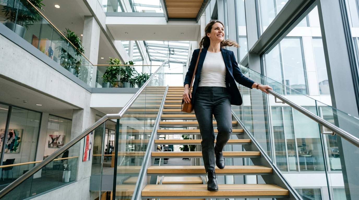 energetic woman walking up stairs with confidence