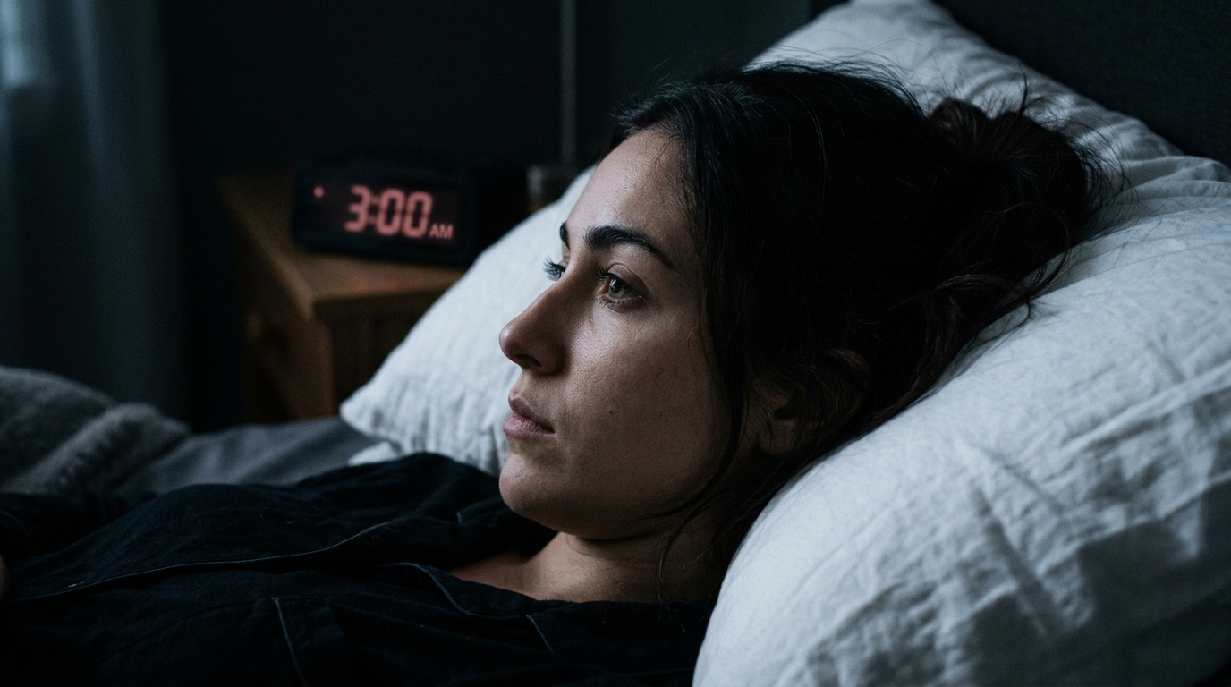 woman lying awake at night unable to sleep