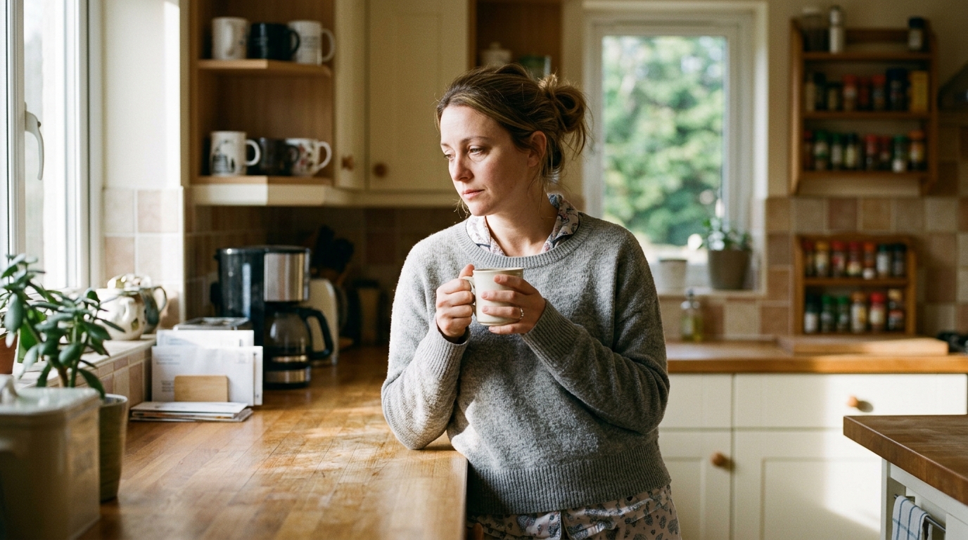 tired woman holding coffee mug in morning kitchen